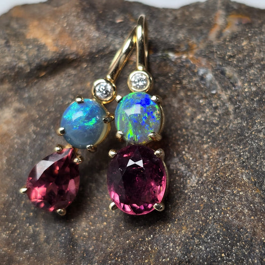 'MISS BONDI' Dark Crystal Opals, tourmaline and diamond earrings